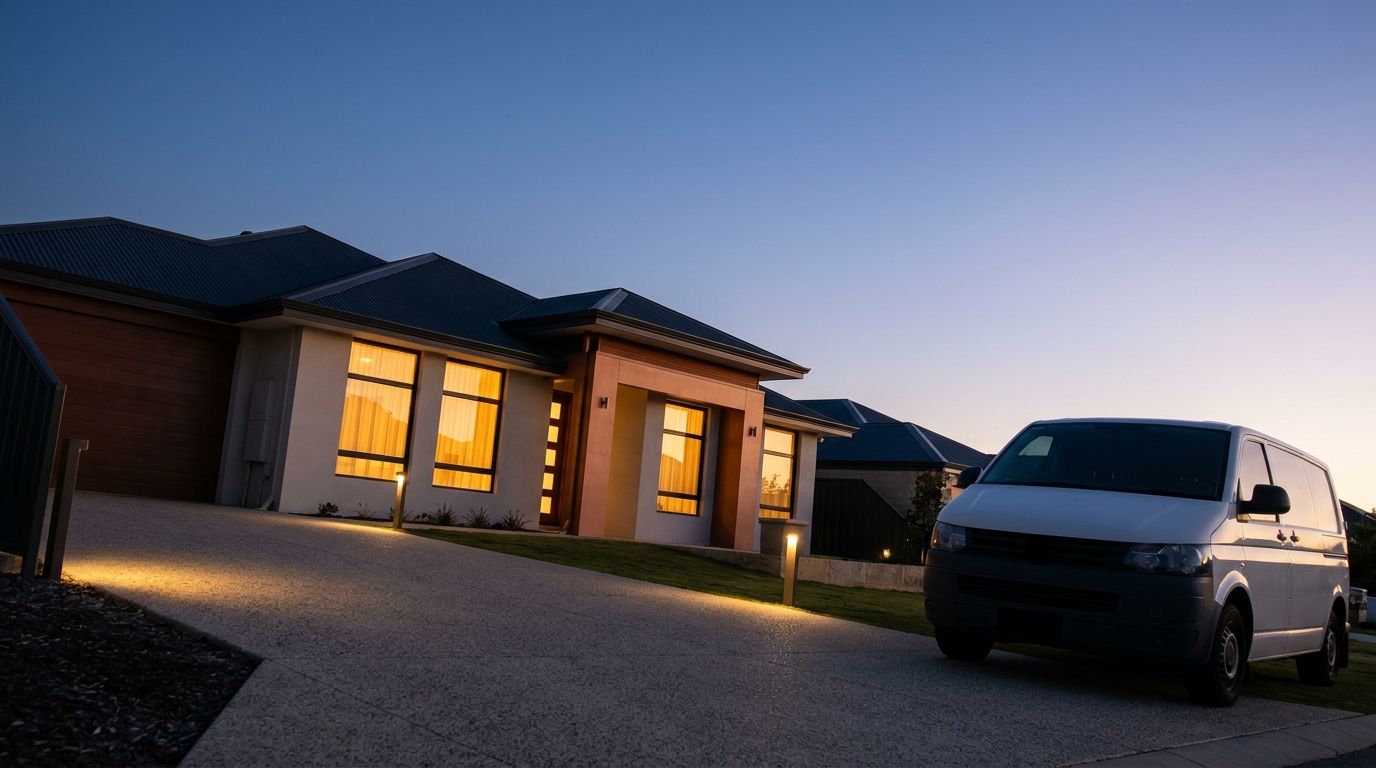 Unmarked work van in a driveway outside a Perth home at dusk